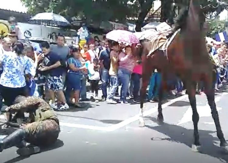 Momento exacto en donde un soldado se cae del caballo en pleno desfile