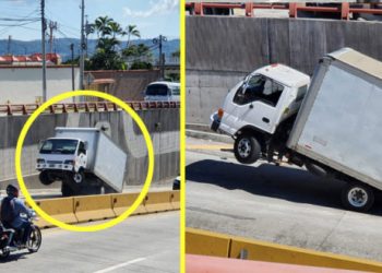 Camión “hace el caballito” por sobrecarga en la avenida Masferrer de San Salvador