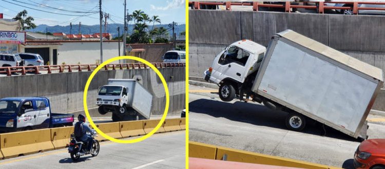 Camión “hace el caballito” por sobrecarga en la avenida Masferrer de San Salvador