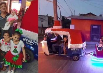 Abuelo invierte sus ahorros y convierte su mototaxi en trineo para pasear a niños de escasos recursos