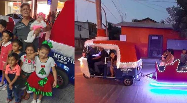 Abuelo invierte sus ahorros y convierte su mototaxi en trineo para pasear a niños de escasos recursos