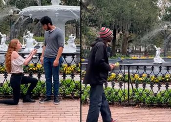 Mujer pide matrimonio a su novio y un indigente la sorprende por su acto
