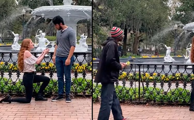 Mujer pide matrimonio a su novio y un indigente la sorprende por su acto