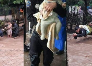 Policía nicaragüense arriesga su vida para salvar a una bebé recién nacida atrapada por las inundaciones del huracán IOTA
