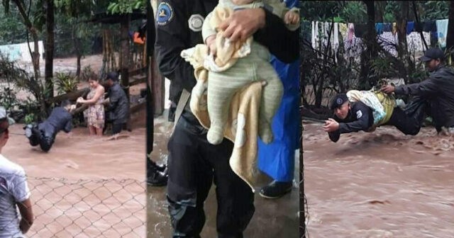 Policía nicaragüense arriesga su vida para salvar a una bebé recién nacida atrapada por las inundaciones del huracán IOTA