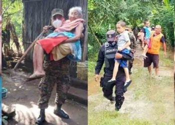 Militares y policías ayudan a evacuar a familias afectadas por lluvias en Acajutla