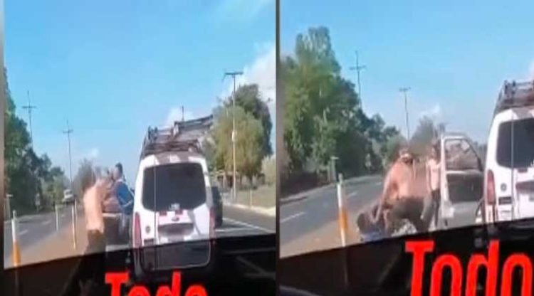 Enfurecido sujeto enfrenta a conductor y se van a los puños sobre carretera a Sonsonate
