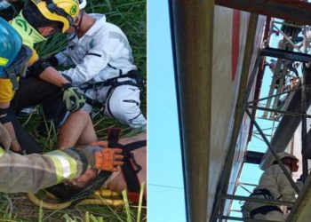 Hombre recibe descarga eléctrica mientras instalaba una valla publicitaria