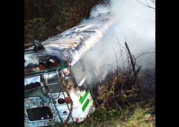 Bus se sale de la Troncal del Norte, cae en un barranco y se incendia