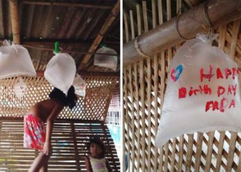 Humildes niños utilizan bolsas plásticas como globos para celebrar cumpleaños de su padre