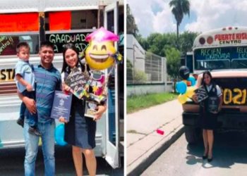 Motorista adorna el autobús para festejar que su esposa se gradúa de maestra